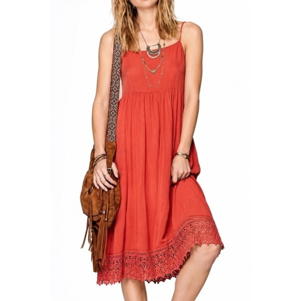 Free People Intimately Red Orange Crochet Lace Hem Slip Dress Small Boho Midi